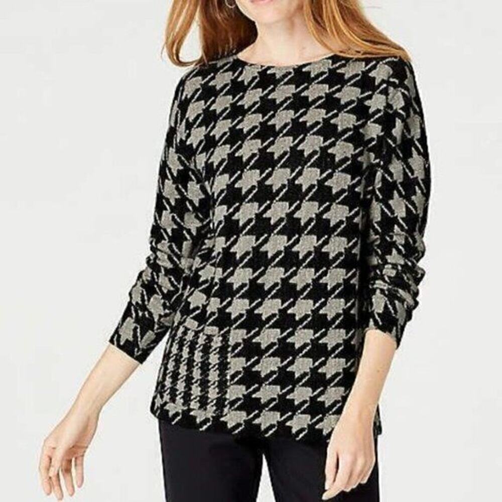 J Jill Size XS Houndstooth Pocket Sweater Gray Black 100% Cotton